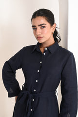 Navy Blue Button-Down Linen Shirt Dress
