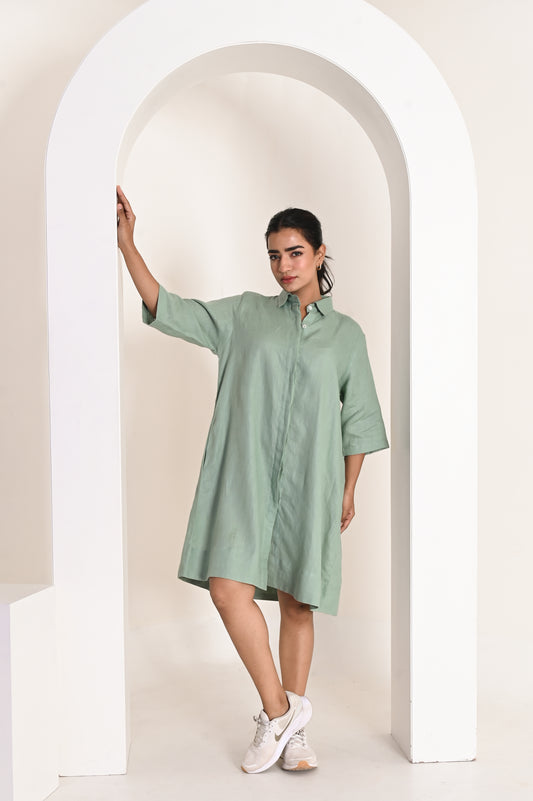Sage Green Relaxed Linen Shirt Dress with Detachable Waist Belt