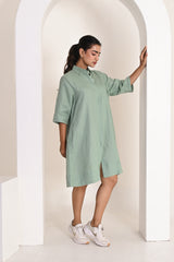 Sage Green Relaxed Linen Shirt Dress with Detachable Waist Belt