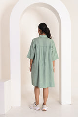 Sage Green Relaxed Linen Shirt Dress with Detachable Waist Belt