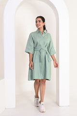 Sage Green Relaxed Linen Shirt Dress with Detachable Waist Belt