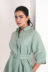 Sage Green Relaxed Linen Shirt Dress with Detachable Waist Belt