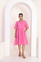 Bubblegum Pink Button Front Midi Dress with Half Sleeves