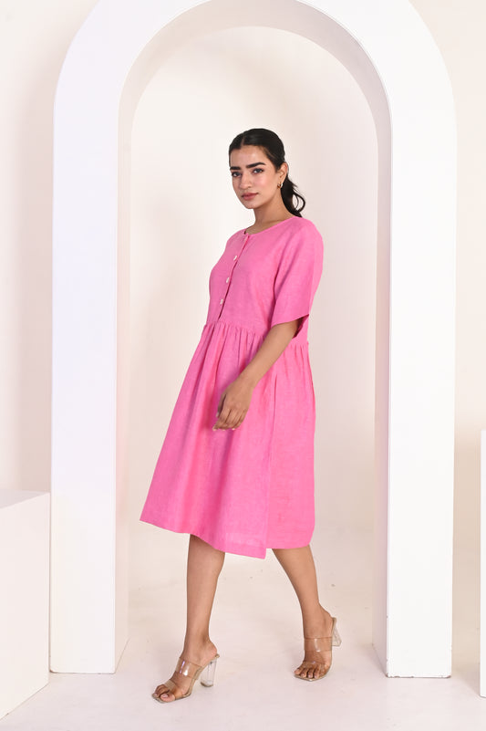 Bubblegum Pink Button Front Midi Dress with Half Sleeves