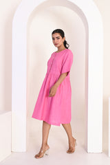 Bubblegum Pink Button Front Midi Dress with Half Sleeves