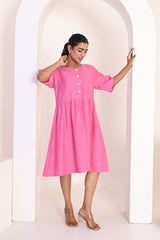 Bubblegum Pink Button Front Midi Dress with Half Sleeves