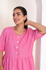 Bubblegum Pink Button Front Midi Dress with Half Sleeves