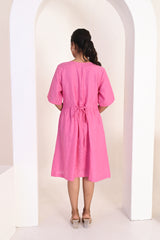 Bubblegum Pink Button Front Midi Dress with Half Sleeves
