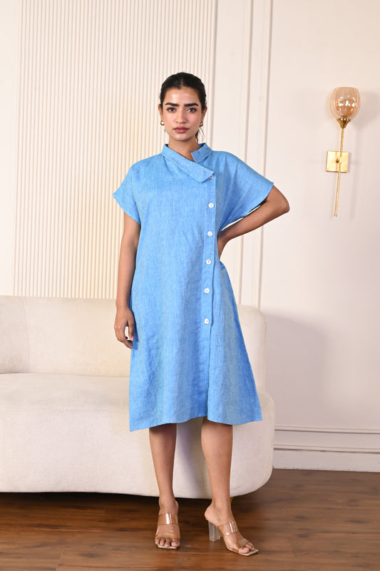 Turquoise Blue Asymmetric Button Linen Dress