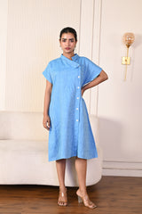 Turquoise Blue Asymmetric Button Linen Dress