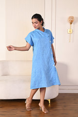 Turquoise Blue Asymmetric Button Linen Dress