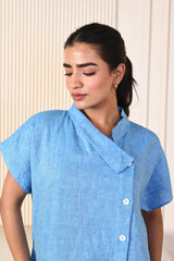 Turquoise Blue Asymmetric Button Linen Dress