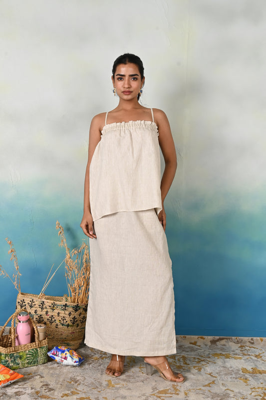Natural Linen Ruffled Top & Straight Skirt