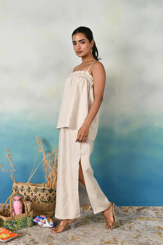 Natural Linen Ruffled Top & Straight Skirt