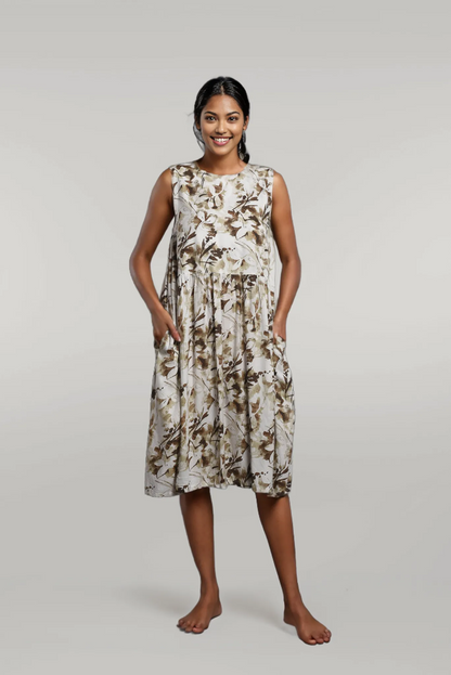 Printed Boat Neck Sleeveless Dress with Pockets