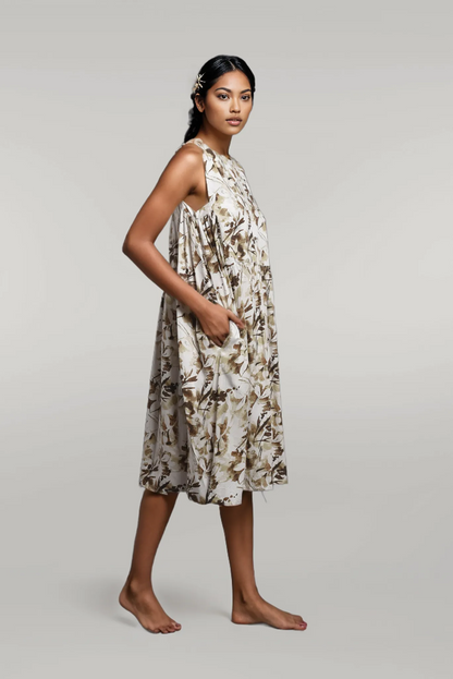 Printed Boat Neck Sleeveless Dress with Pockets