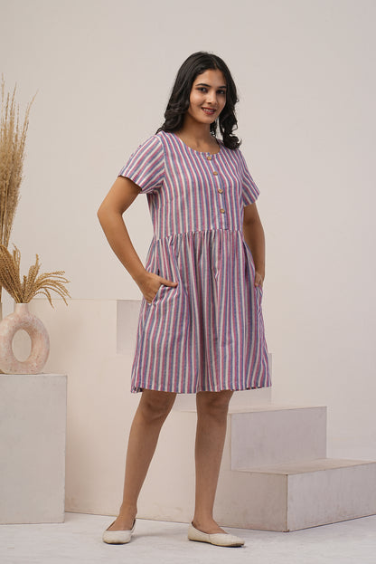 Striped Linen Dress, Knee Length Half Sleeves, Button Up Pocket Dress