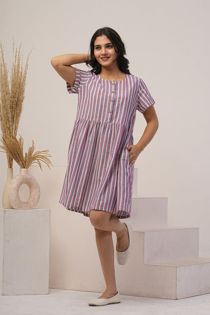 Striped Linen Dress, Knee Length Half Sleeves, Button Up Pocket Dress