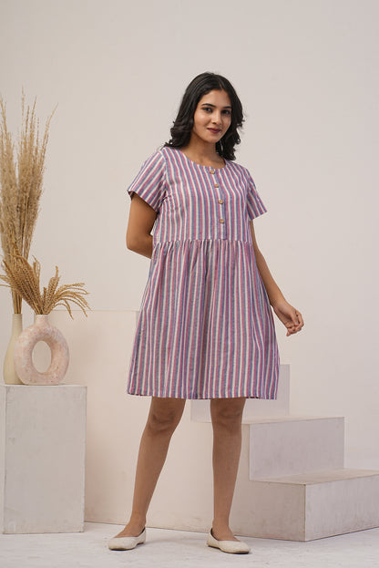 Striped Linen Dress, Knee Length Half Sleeves, Button Up Pocket Dress