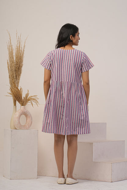 Striped Linen Dress, Knee Length Half Sleeves, Button Up Pocket Dress