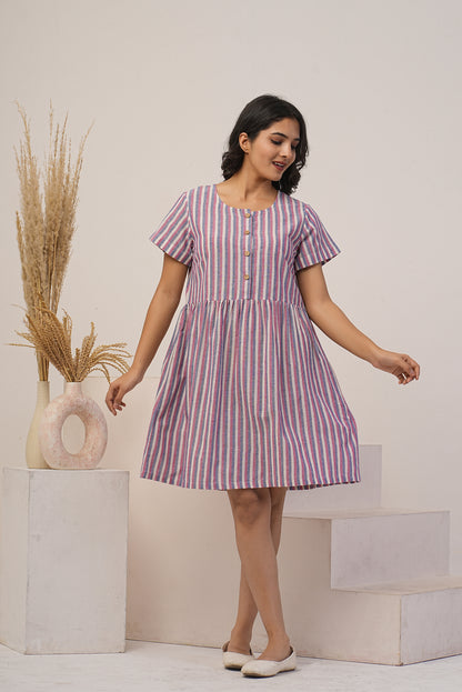 Striped Linen Dress, Knee Length Half Sleeves, Button Up Pocket Dress