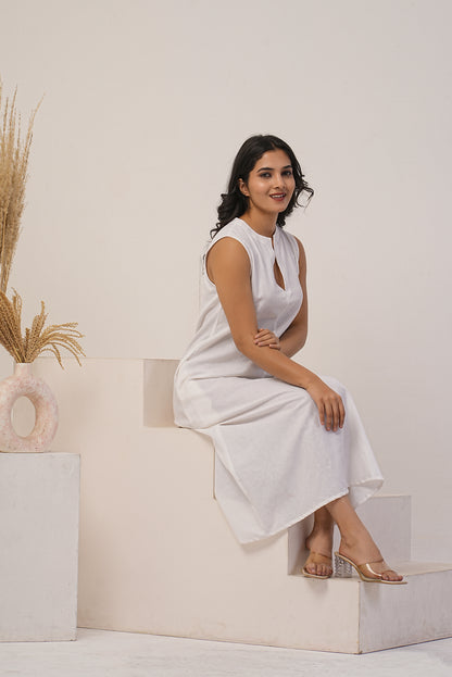 White Linen Shift Dress, Split Neck Classic Midi Dress with Pockets