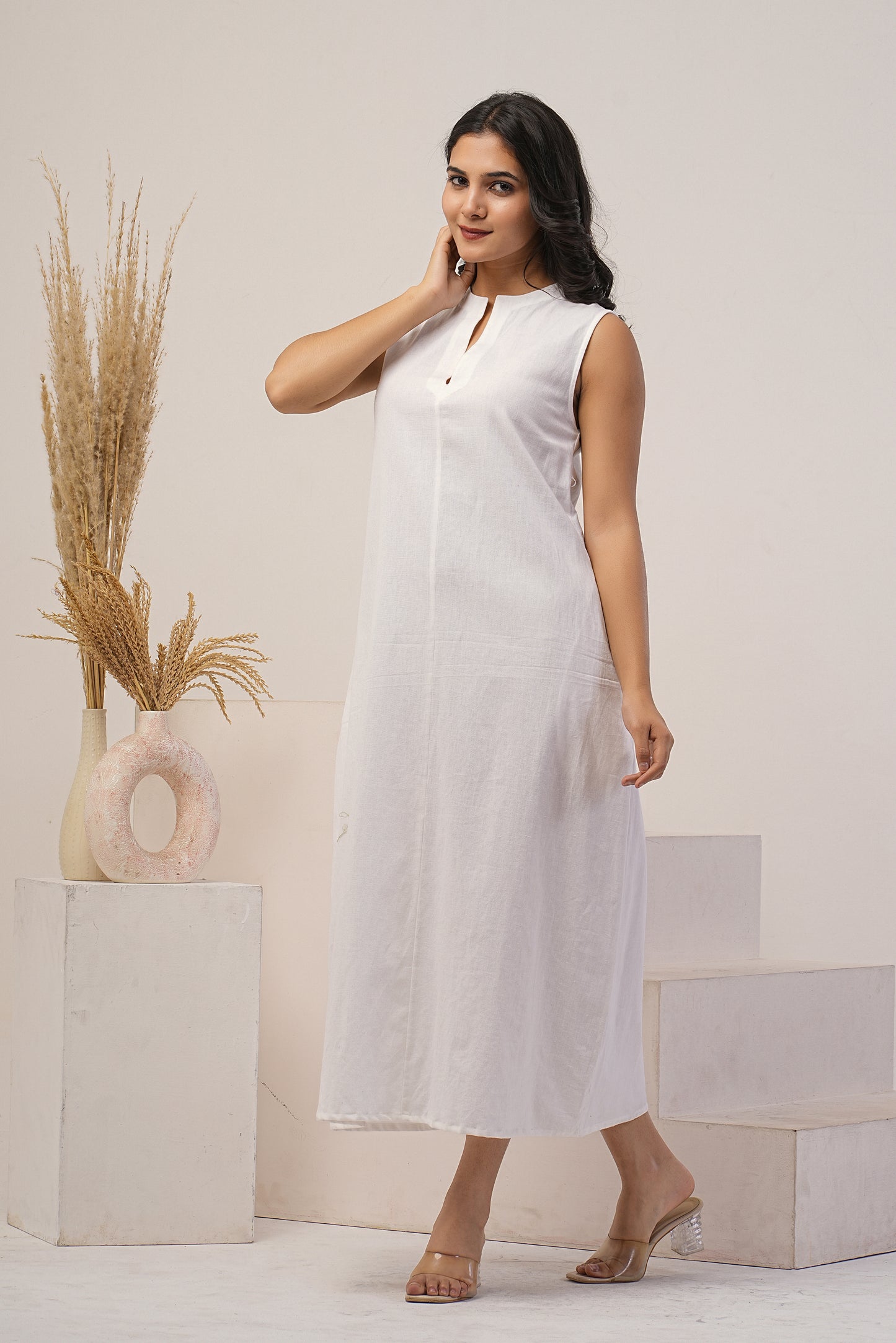 White Linen Shift Dress, Split Neck Classic Midi Dress with Pockets