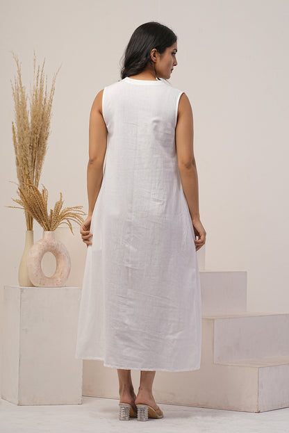 White Linen Shift Dress, Split Neck Classic Midi Dress with Pockets