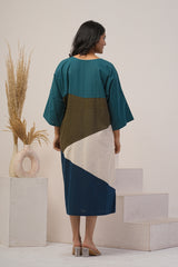 Multi Color Dress, Boat Neck Tunic Dress, Drop Shoulder Sleeves Linen Dress