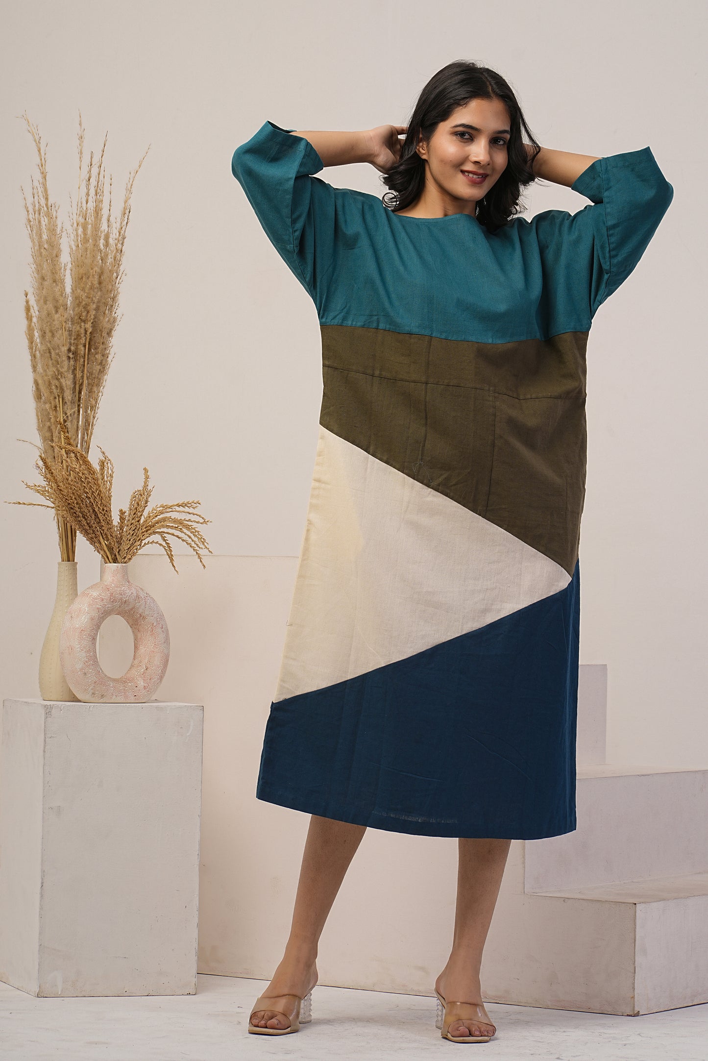 Multi Color Dress, Boat Neck Tunic Dress, Drop Shoulder Sleeves Linen Dress