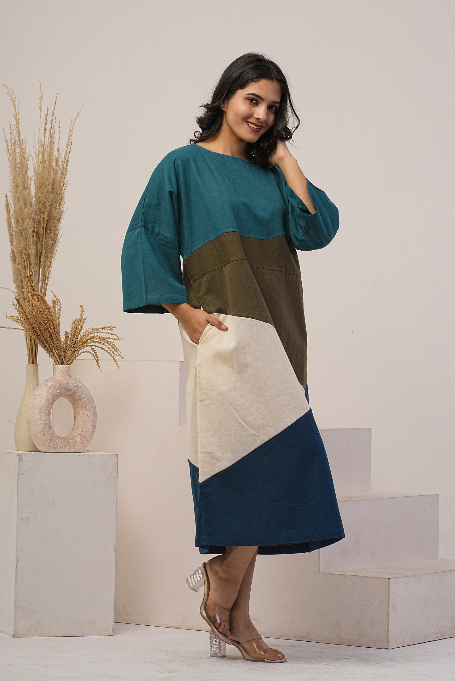 Multi Color Dress, Boat Neck Tunic Dress, Drop Shoulder Sleeves Linen Dress