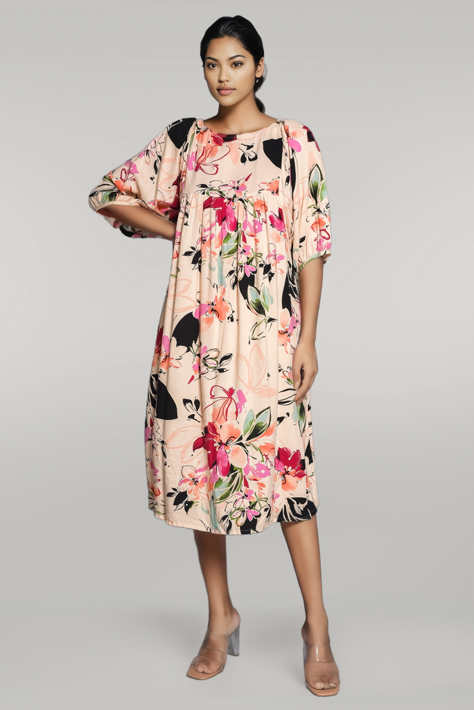 Law Deep Loose Armhole Boat Neck Below Knee Printed Dress