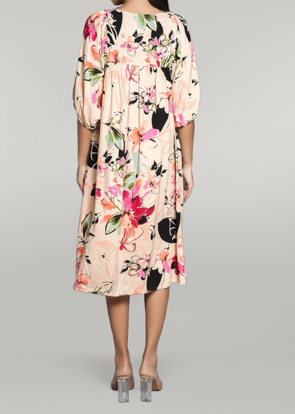 Law Deep Loose Armhole Boat Neck Below Knee Printed Dress