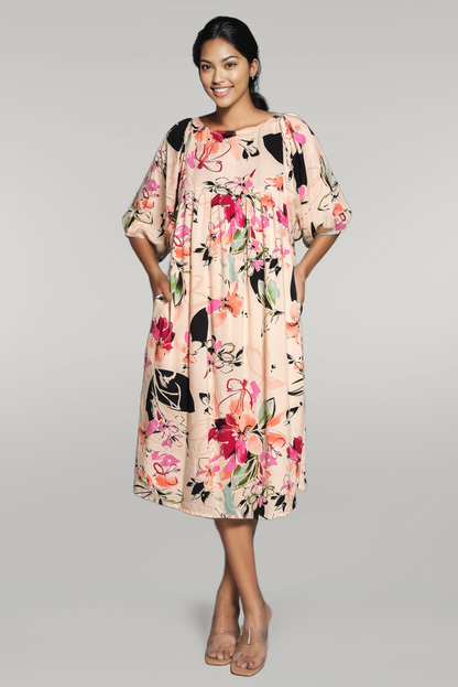 Law Deep Loose Armhole Boat Neck Below Knee Printed Dress