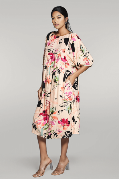 Law Deep Loose Armhole Boat Neck Below Knee Printed Dress