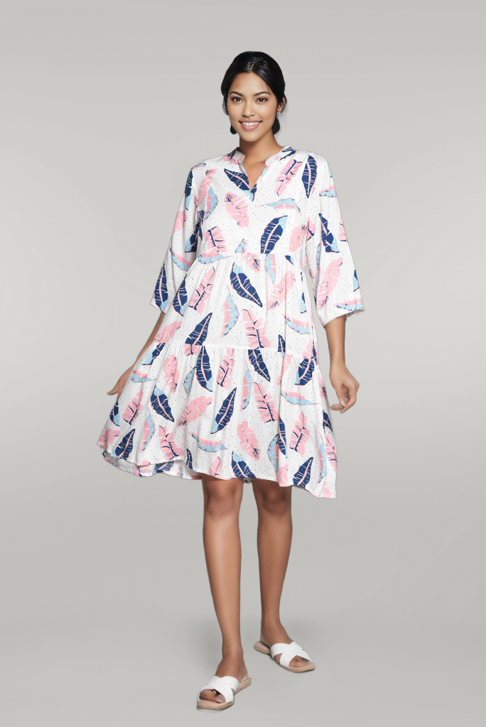 Layered Printed Knee Length Dress in Quarter Sleeves