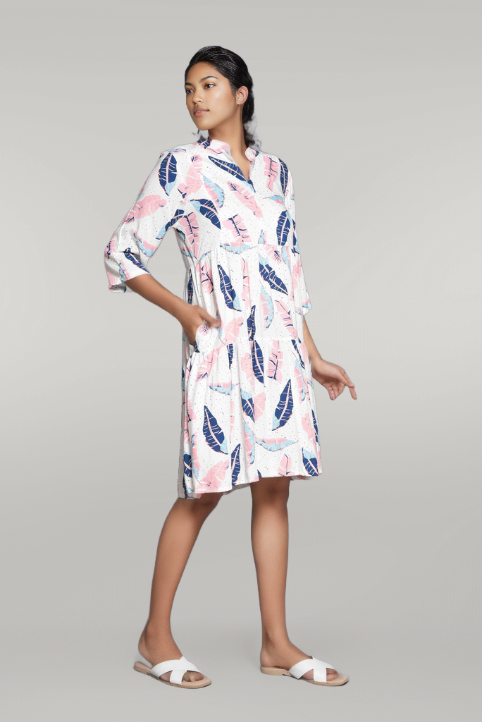 Layered Printed Knee Length Dress in Quarter Sleeves