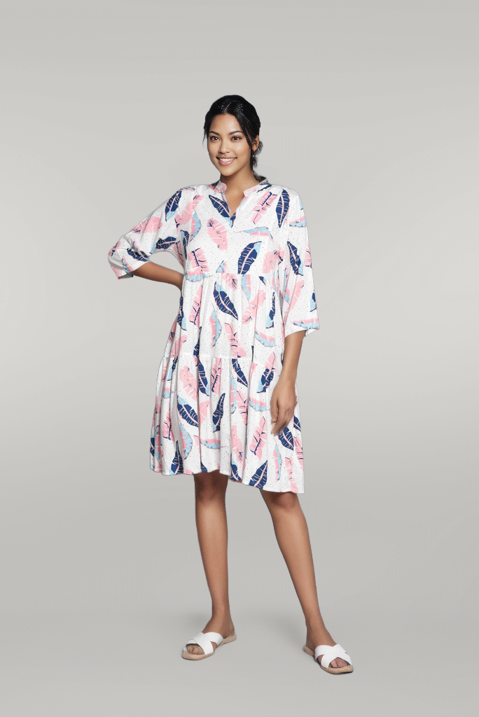 Layered Printed Knee Length Dress in Quarter Sleeves