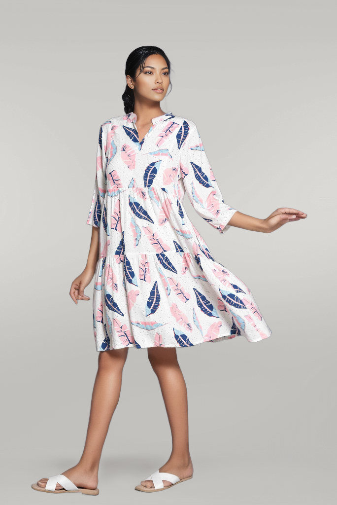 Layered Printed Knee Length Dress in Quarter Sleeves