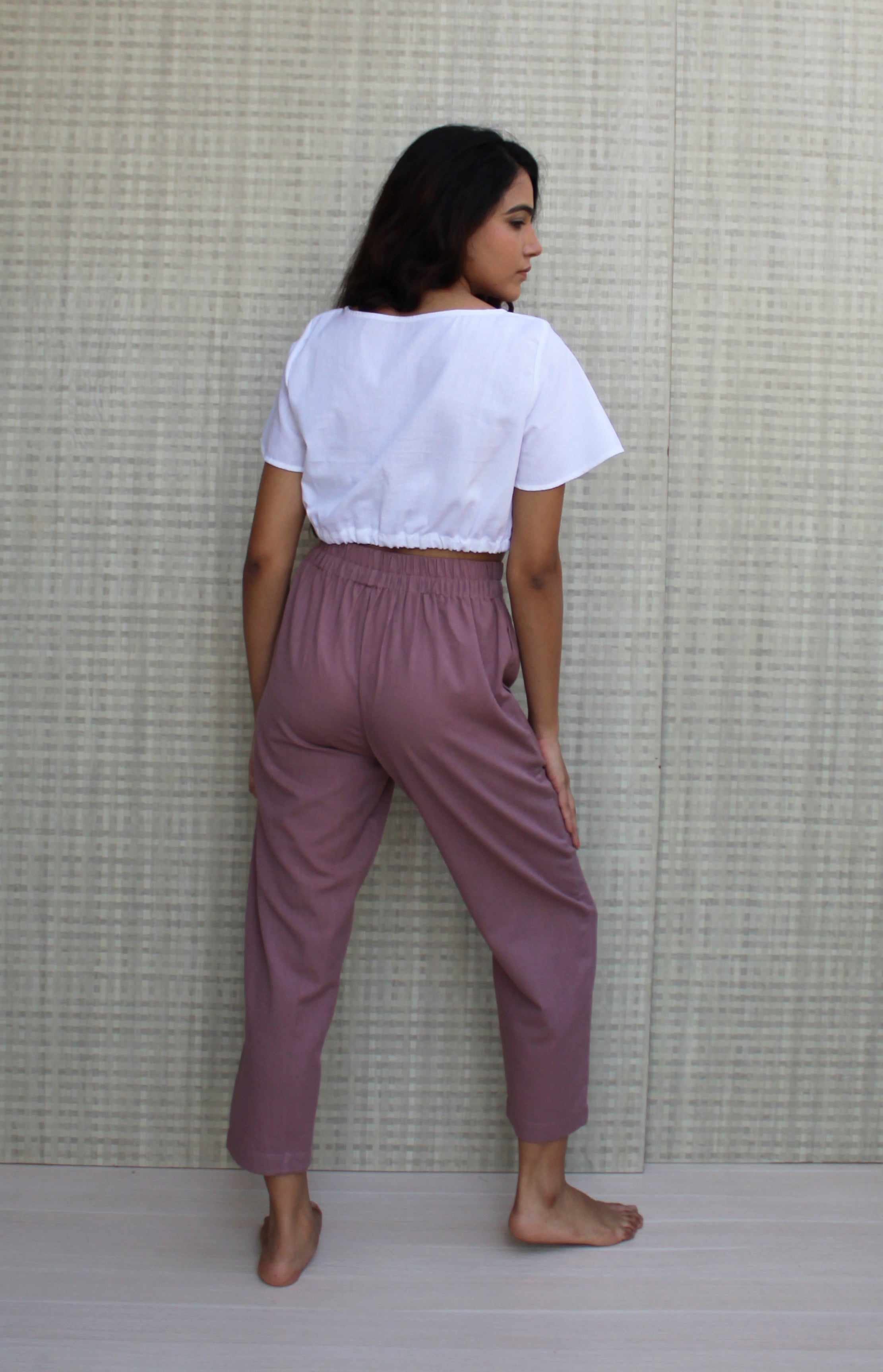 Relax fit Elastic Waist Linen Pants with Pockets