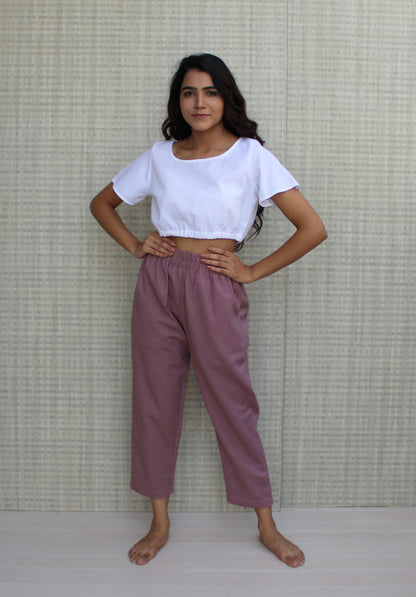 Relax fit Elastic Waist Linen Pants with Pockets