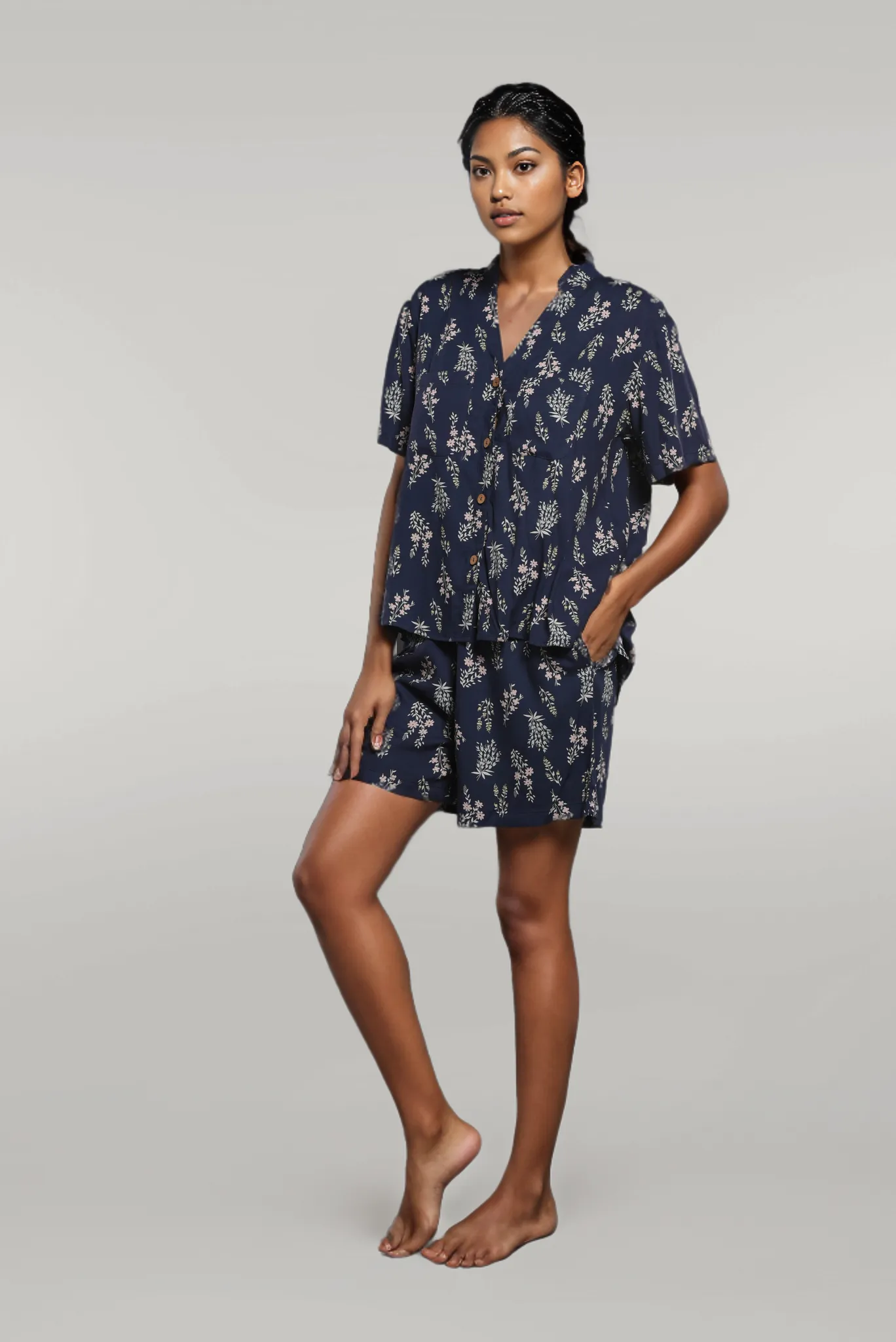 Blue Floral Print Co-ord, Sleepwear Printed Shirt with Shorts Set