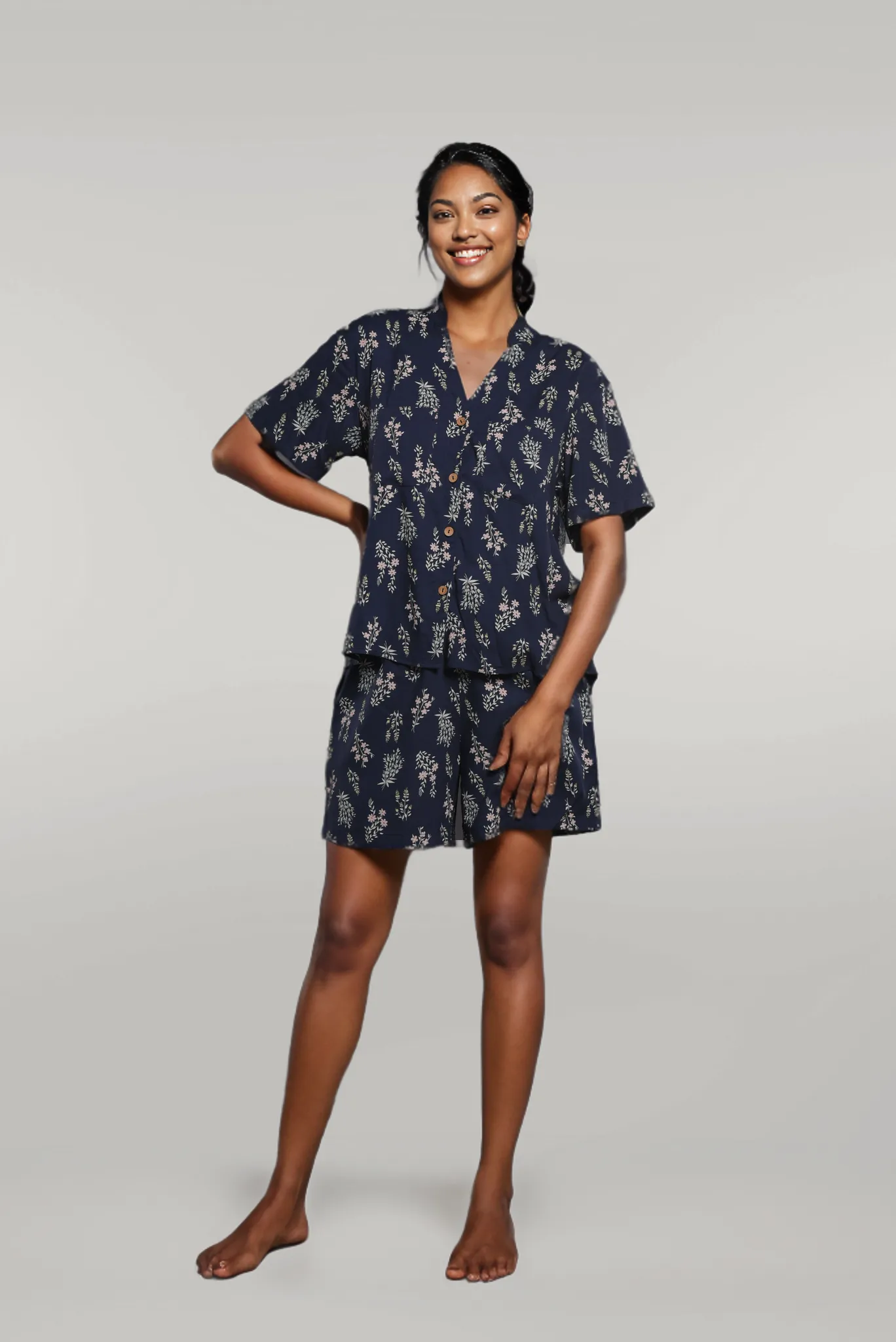 Blue Floral Print Co-ord, Sleepwear Printed Shirt with Shorts Set