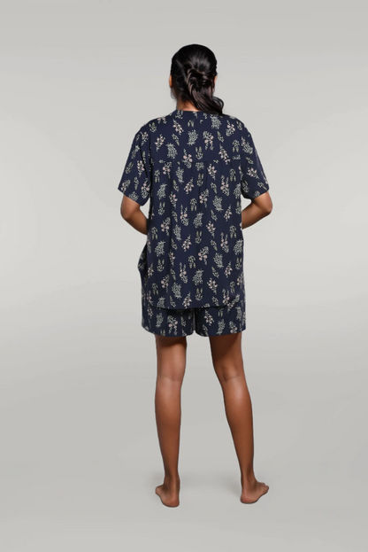 Blue Floral Print Co-ord, Sleepwear Printed Shirt with Shorts Set