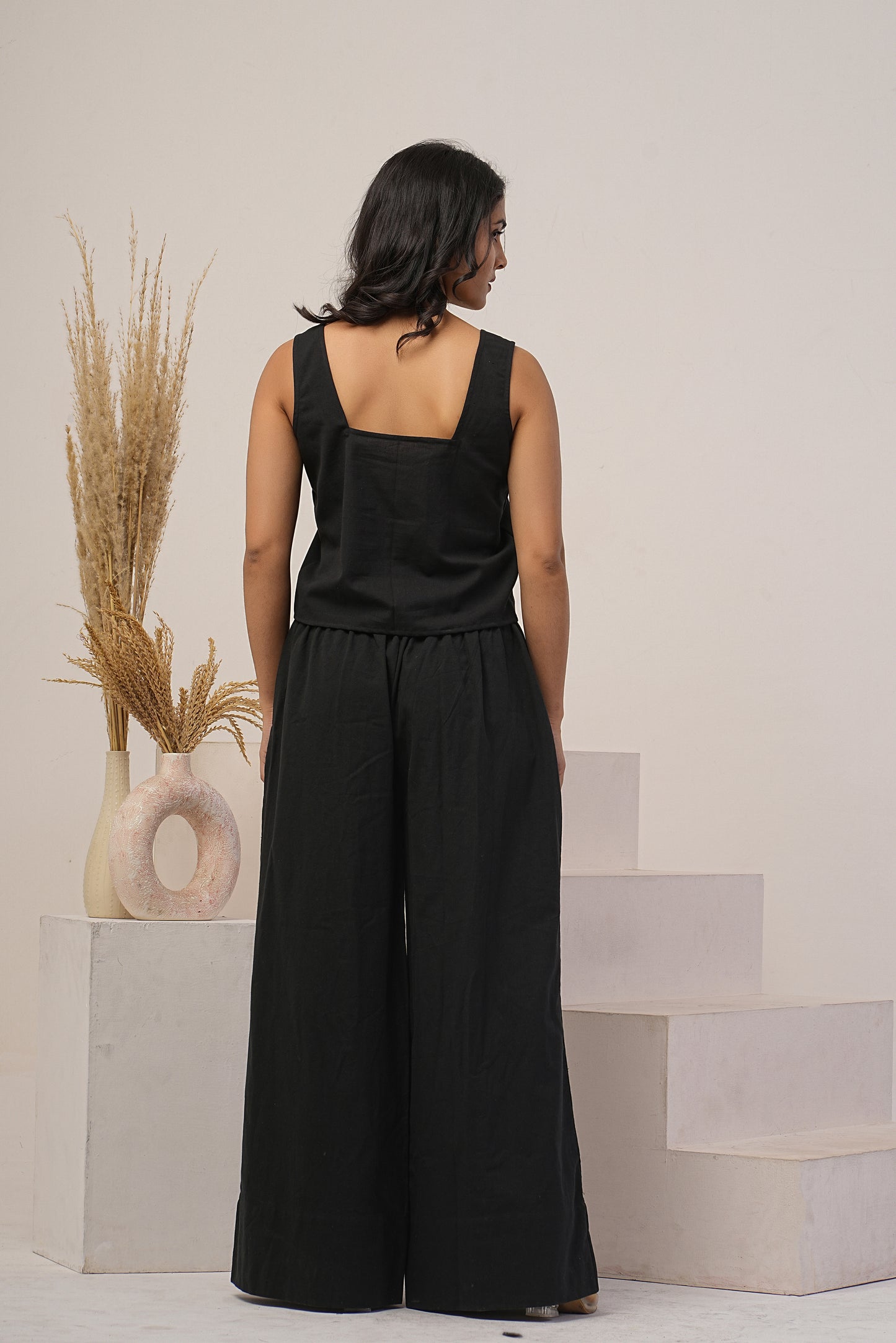 Square Neck Crop Top with Loose Linen Pants, Two piece set