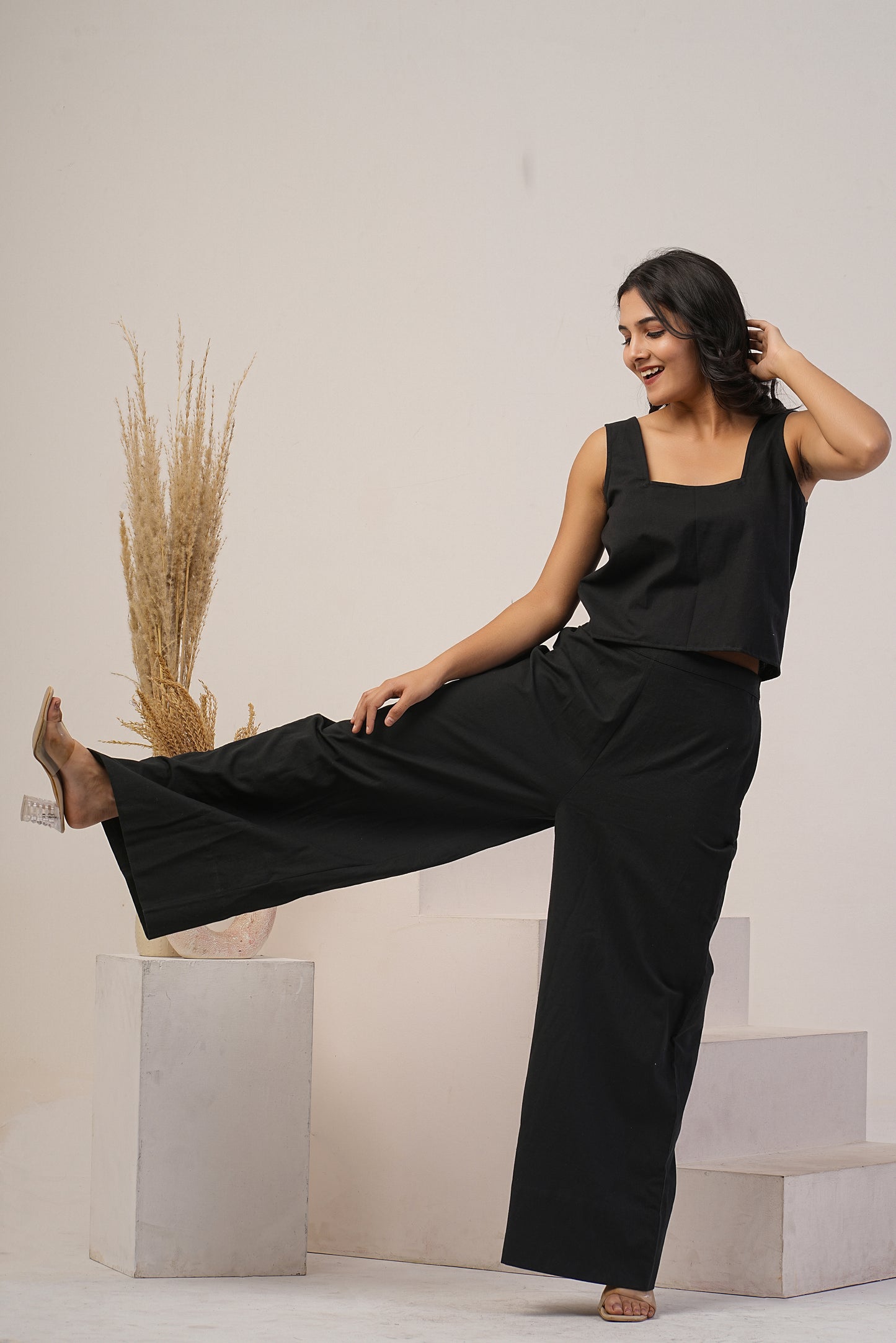 Square Neck Crop Top with Loose Linen Pants, Two piece set