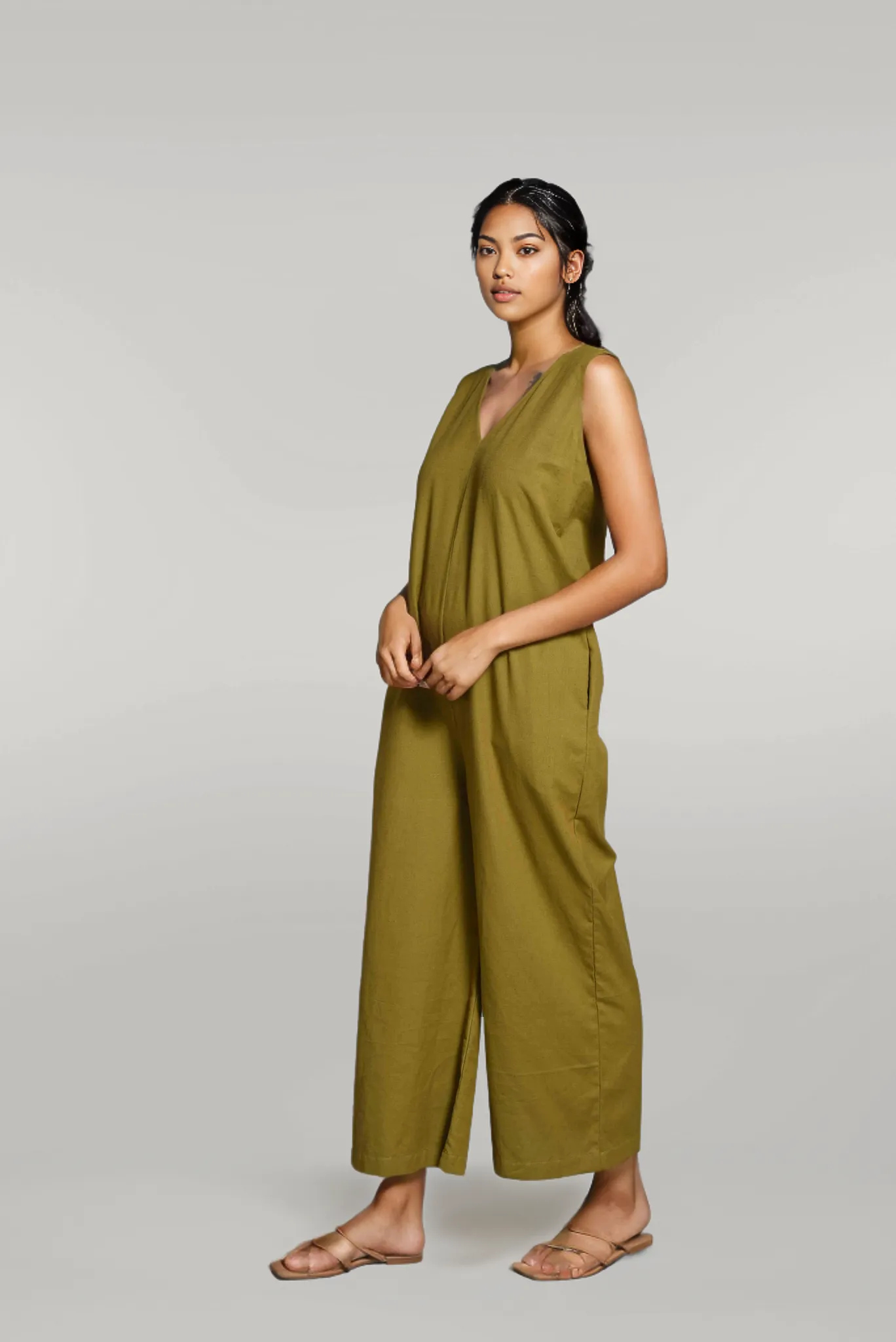 Casual Baggy V Neck Sleeveless Jumpsuit with Pockets