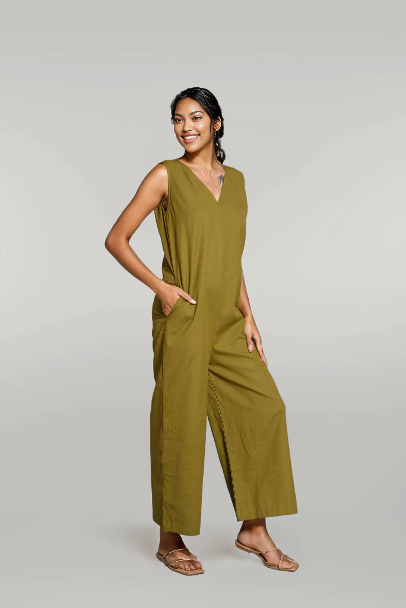 Casual Baggy V Neck Sleeveless Jumpsuit with Pockets