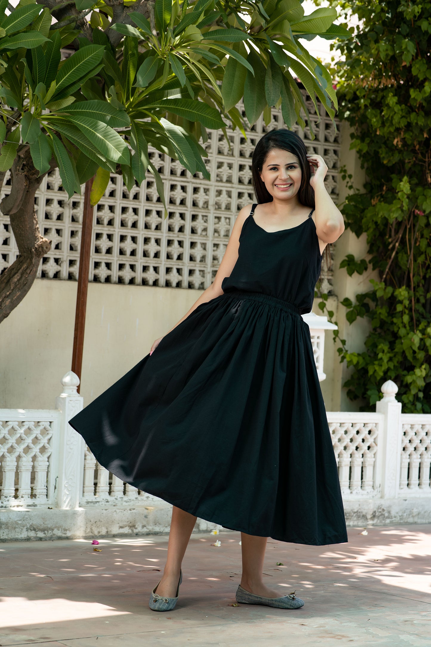 Black Midi Linen Skirt With Pockets