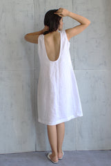 White Sleeveless Linen Dress with Deep Back